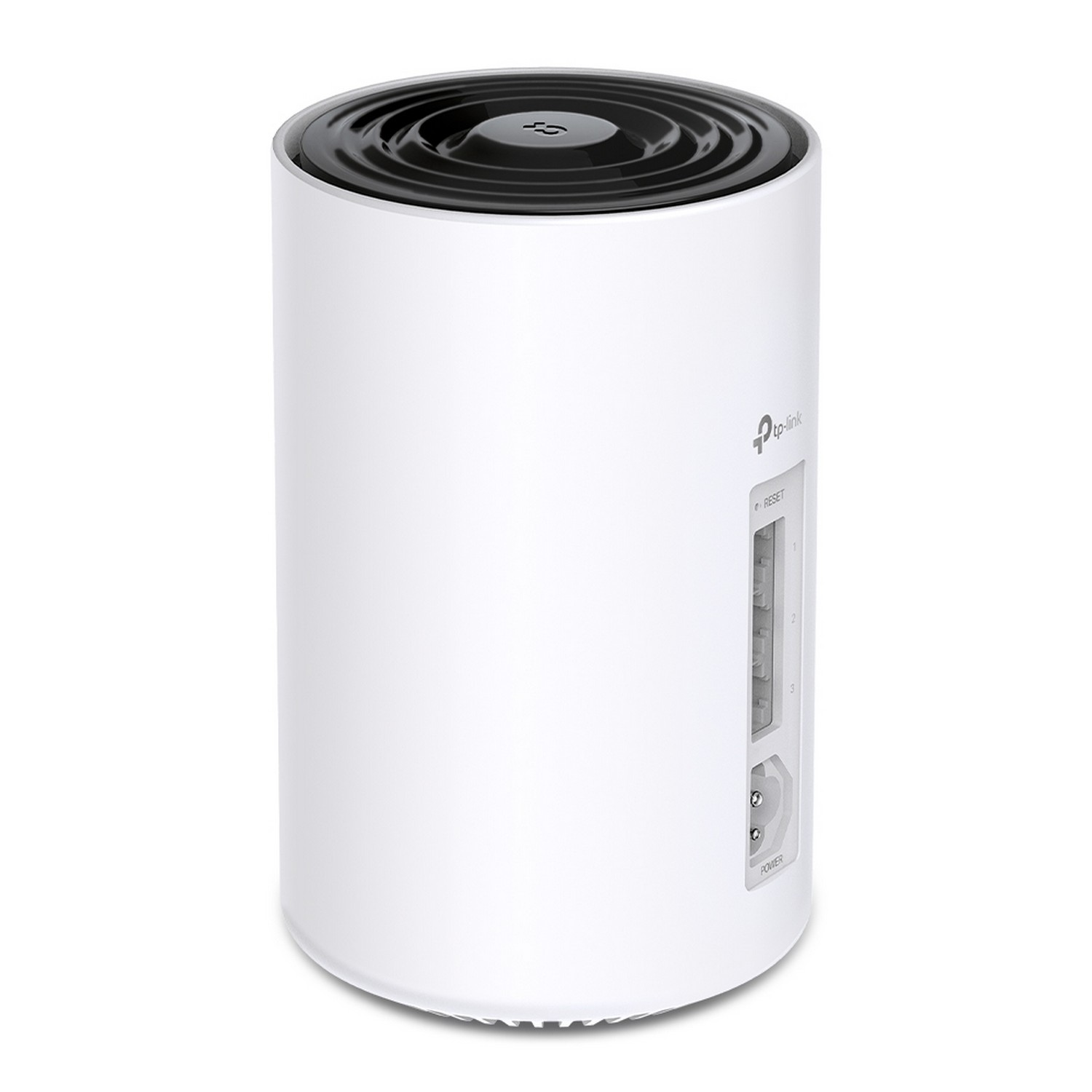 Routeur TP-Link blanc, cylindrique, avec ports et boutons d'alimentation sur le côté et un dessus noir.