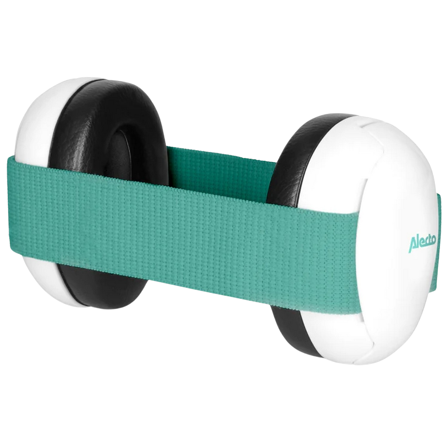 Cache-oreilles pour bébé : coquilles blanches, coussinets noirs et bandeau turquoise.