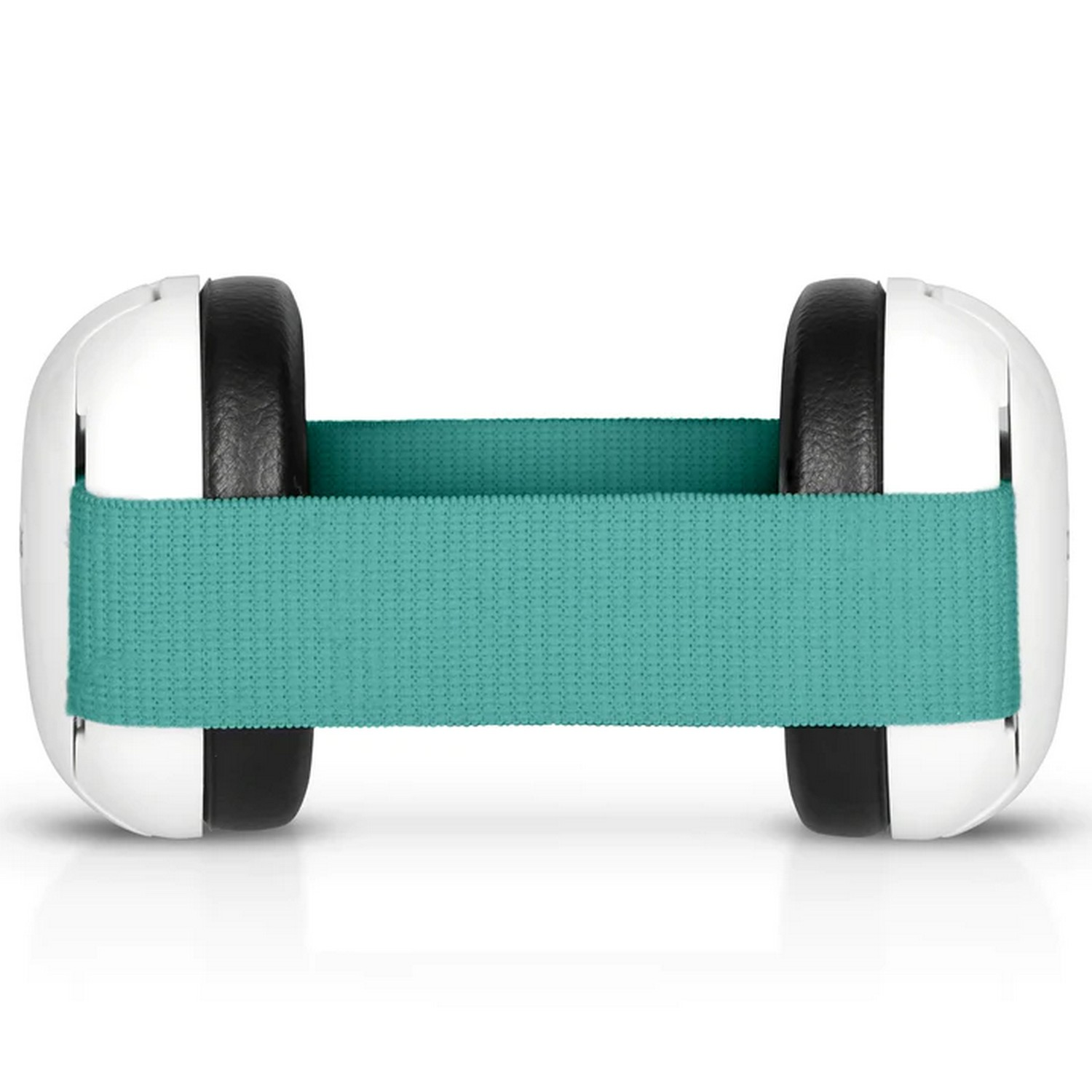 Haltère blanc avec poignées noires et une bande turquoise au milieu, sur fond blanc.