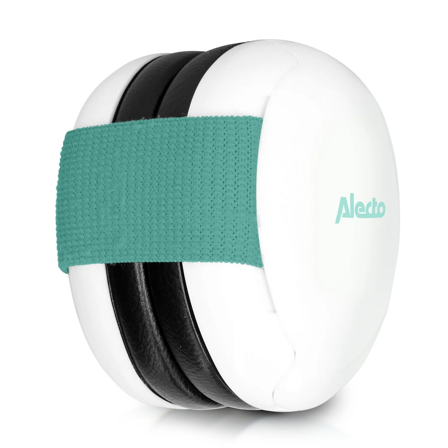 Protections auditives blanches et noires avec un bandeau turquoise.