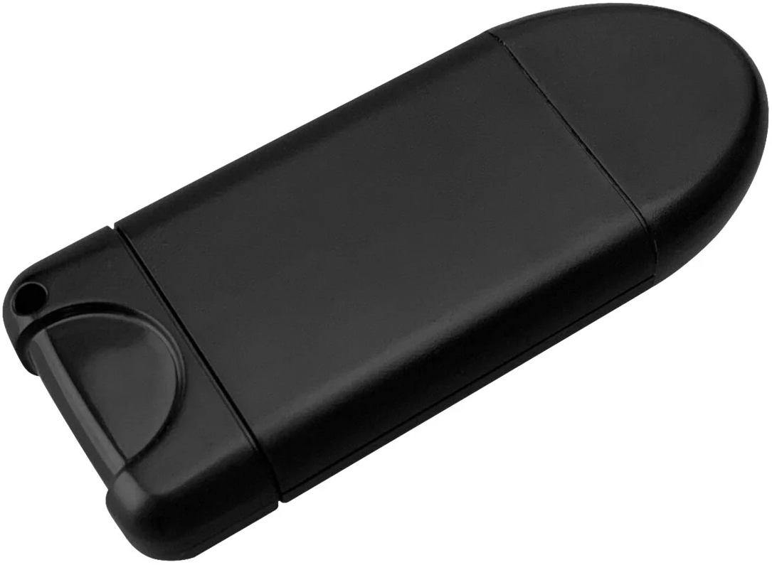 Chiavetta USB nera, design liscio con foro per portachiavi.
