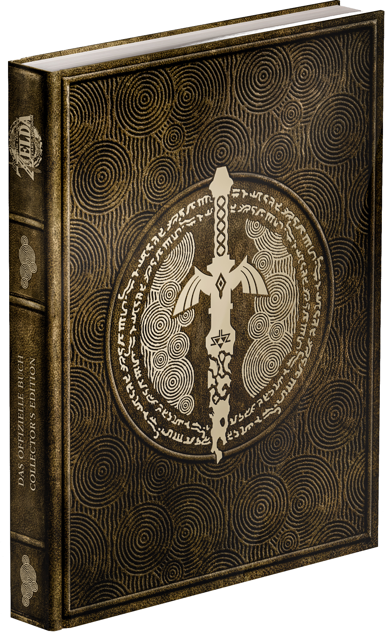 Ein Buch mit goldenem Einband mit Schwertdesign und dekorativen Mustern.