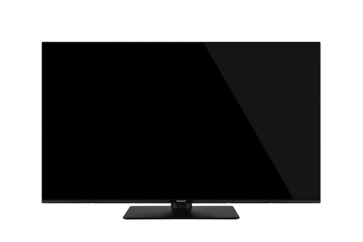 Ein schwarzer Panasonic-Fernseher steht auf einem Ständer.