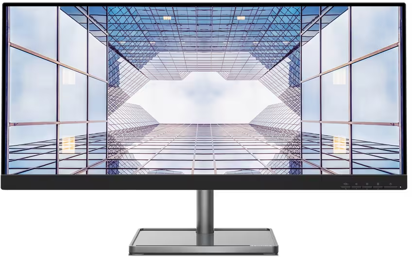 Een computermonitor toont een lage hoekweergave van meerdere wolkenkrabbers, die de lucht weerspiegelen. Het is op een standaard gemonteerd.