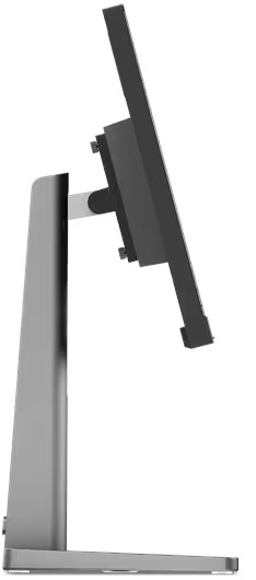 Een zilveren computermonitor wordt in profiel getoond. Het is schuin geplaatst met een zwart scherm, ondersteund door een zilveren standaard en voet.
