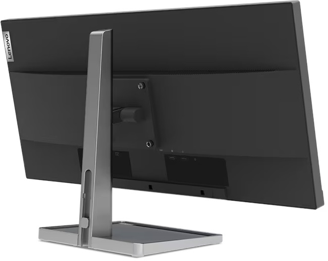 Achteraanzicht van een Lenovo-monitor. Het heeft een zilveren standaard, een zwart scherm en verschillende poorten.
