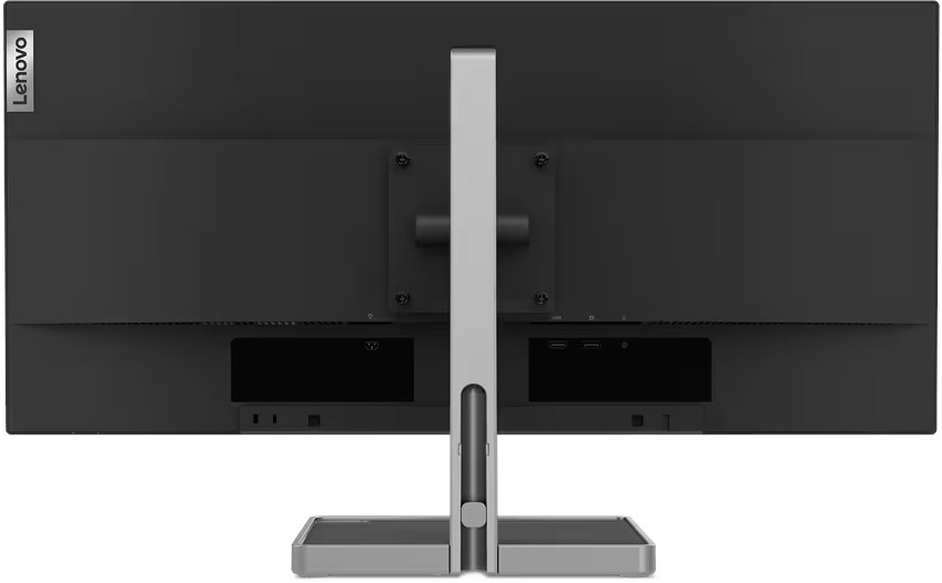 Achteraanzicht van een Lenovo monitor. Het heeft een zwart scherm, een zilveren standaard en poorten aan de onderkant.