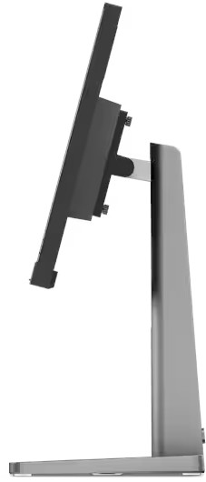 Zijaanzicht van een computermonitor. Het scherm is zwart, vastgehouden door een zilveren standaard. De basis is rechthoekig.
