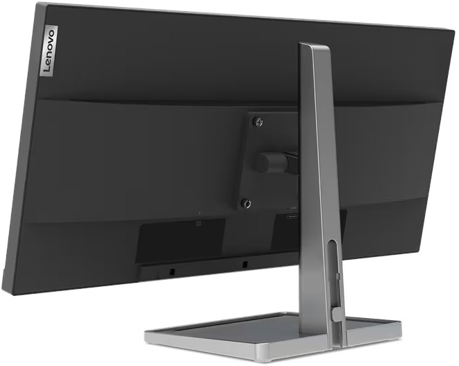 Achteraanzicht van een Lenovo-monitor. Het heeft een zwart scherm met een zilveren standaard. Lenovo-logo zichtbaar. Poorten aan de onderkant.