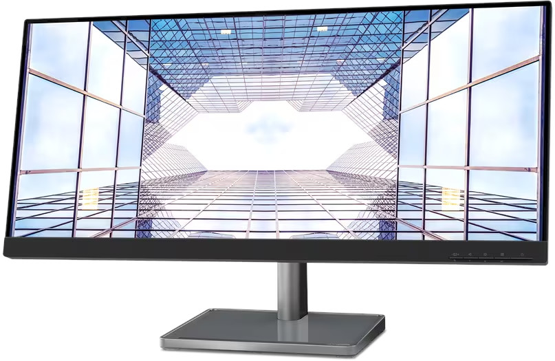 Een computermonitor toont een perspectief van een modern gebouw met glas en staal. De monitor heeft een grijze standaard.