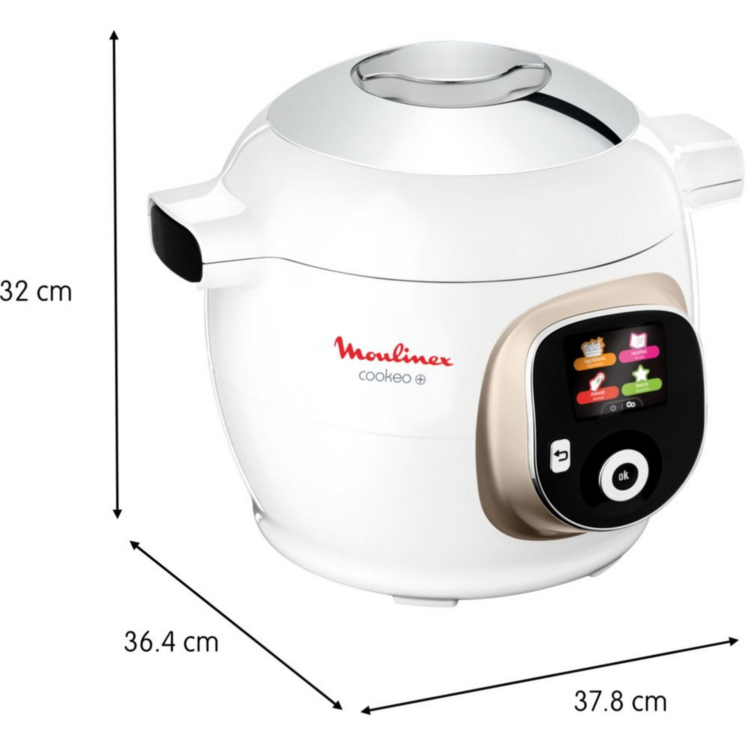 A white and gold Moulinex Cookeo. It has a screen and dimension labels.