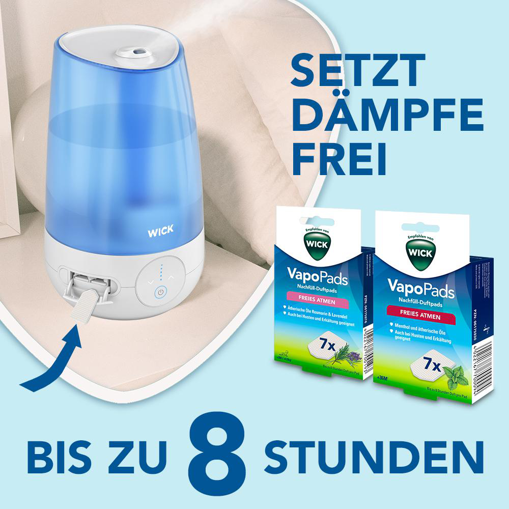 Wick VapoPads mit Luftbefeuchter. Packungen zeigen das Produkt mit Text und Bildern.
