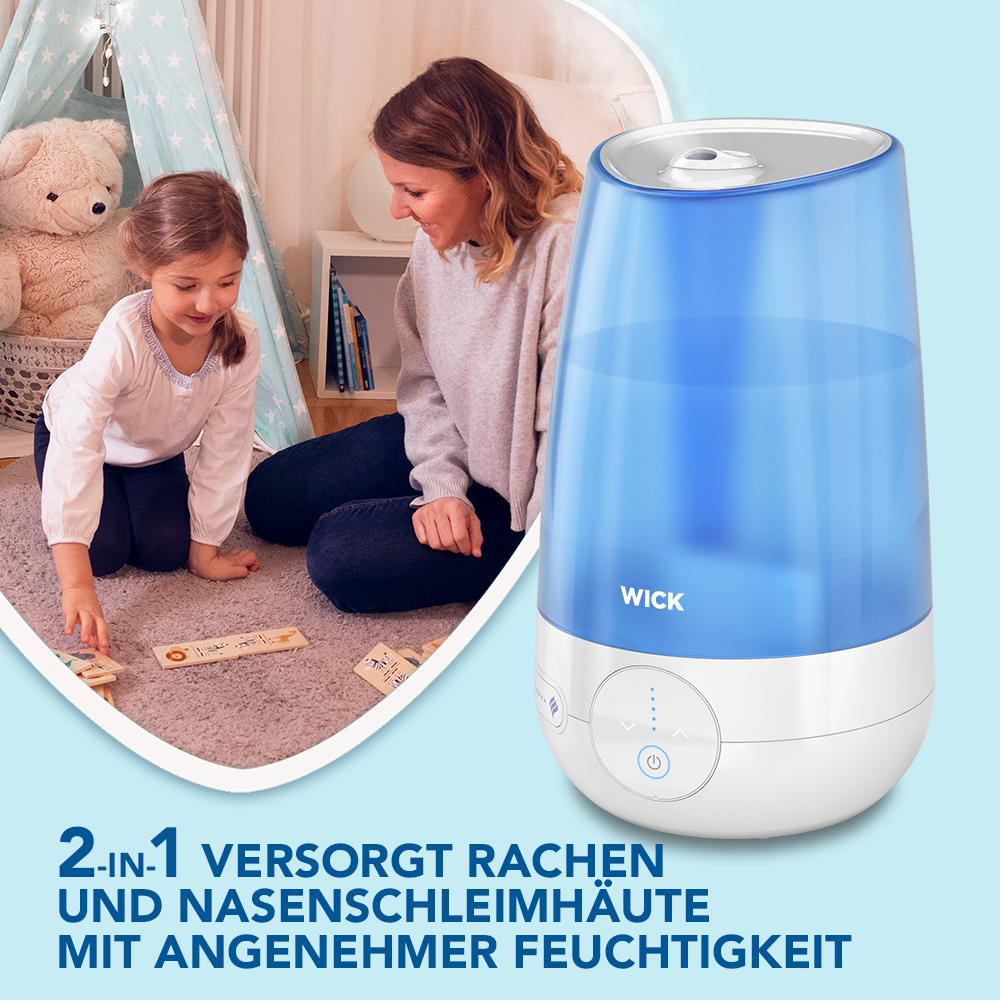 Frau und Kind mit einem Luftbefeuchter. Blaues und weißes Gerät, Text.