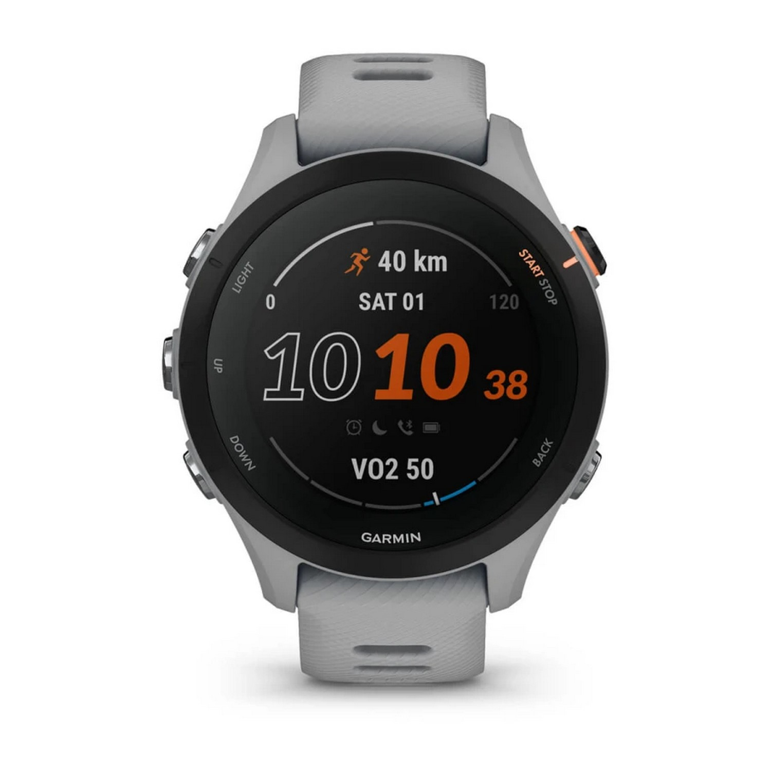 Une montre intelligente affiche l'heure, la distance et d'autres mesures de course.