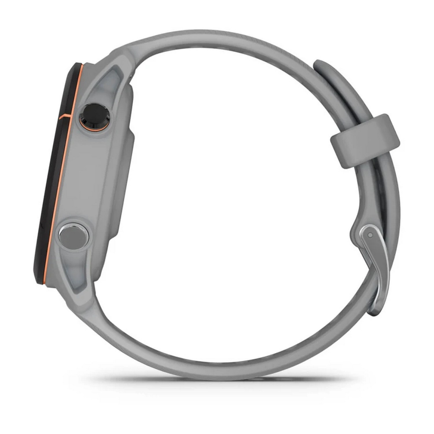 Montre Garmin grise avec écran noir et détail orange, vue latérale.