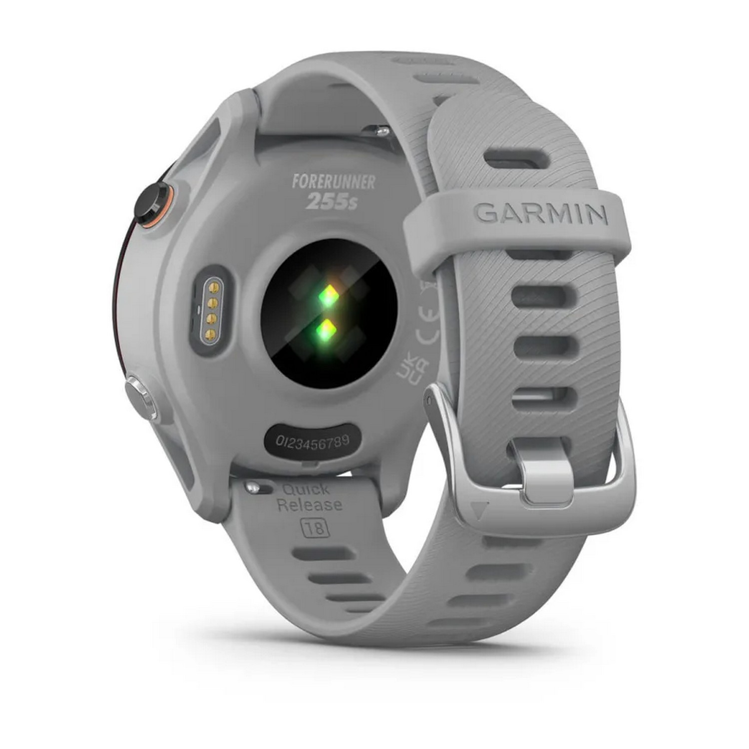 L'arrière d'une montre Garmin Forerunner grise.