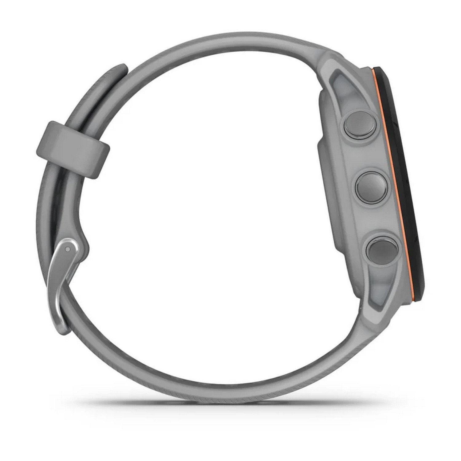 Une vue latérale d'une montre Garmin grise. Elle a des boutons sur le côté.