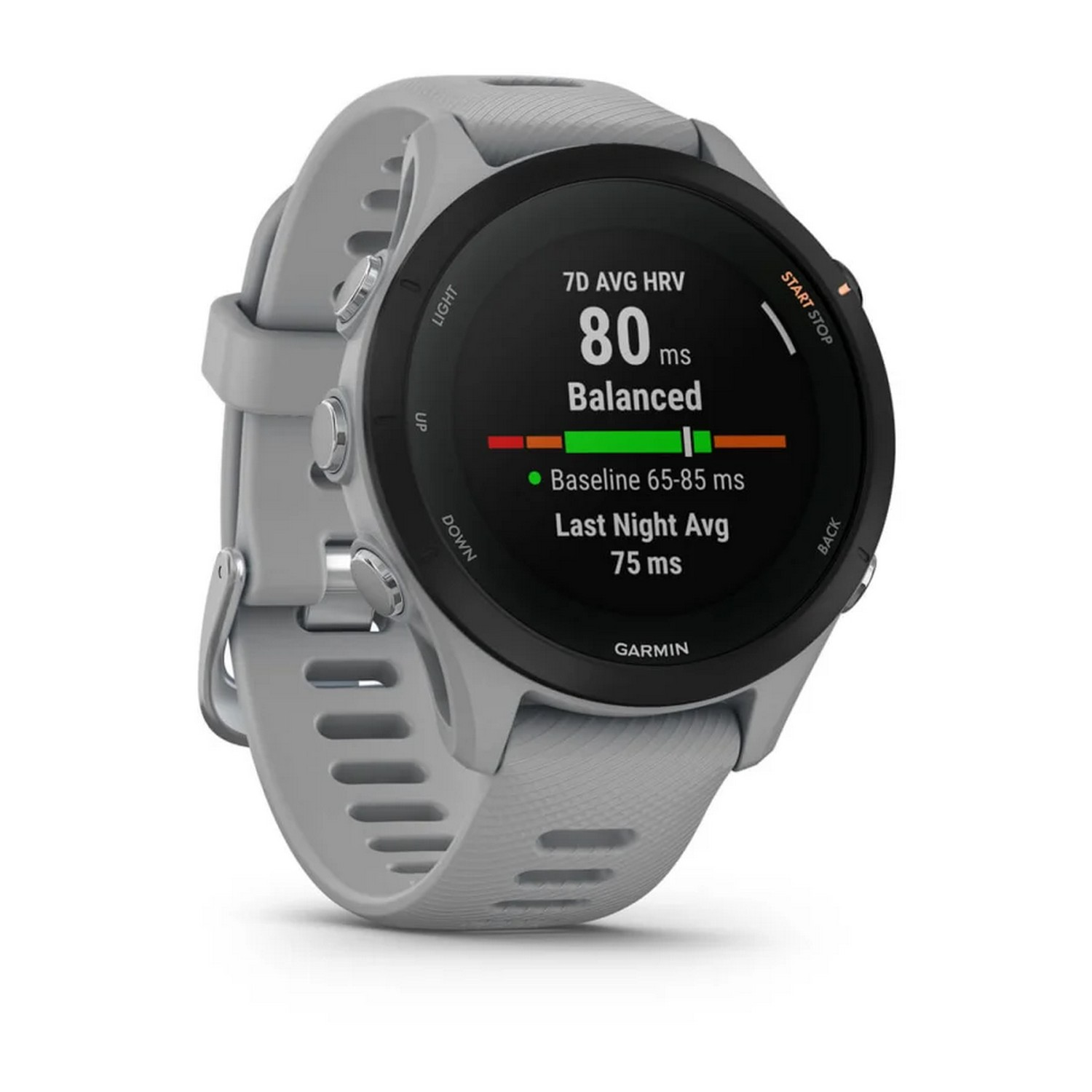 Montre connectée Garmin. Montre grise avec lunette noire. L'écran affiche les données et statistiques.