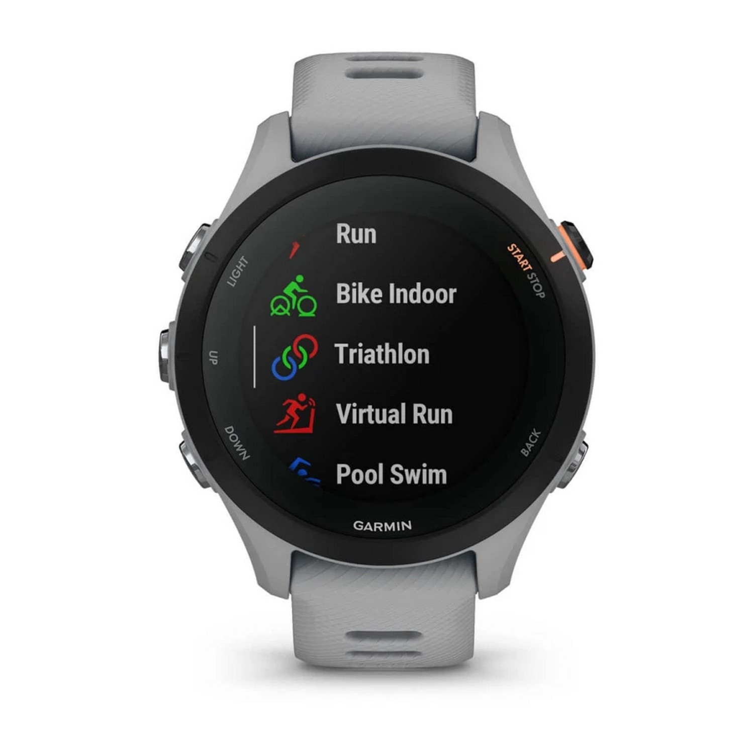 Une montre intelligente avec des options pour la course, le vélo en salle, le triathlon, la course virtuelle et la natation en piscine.