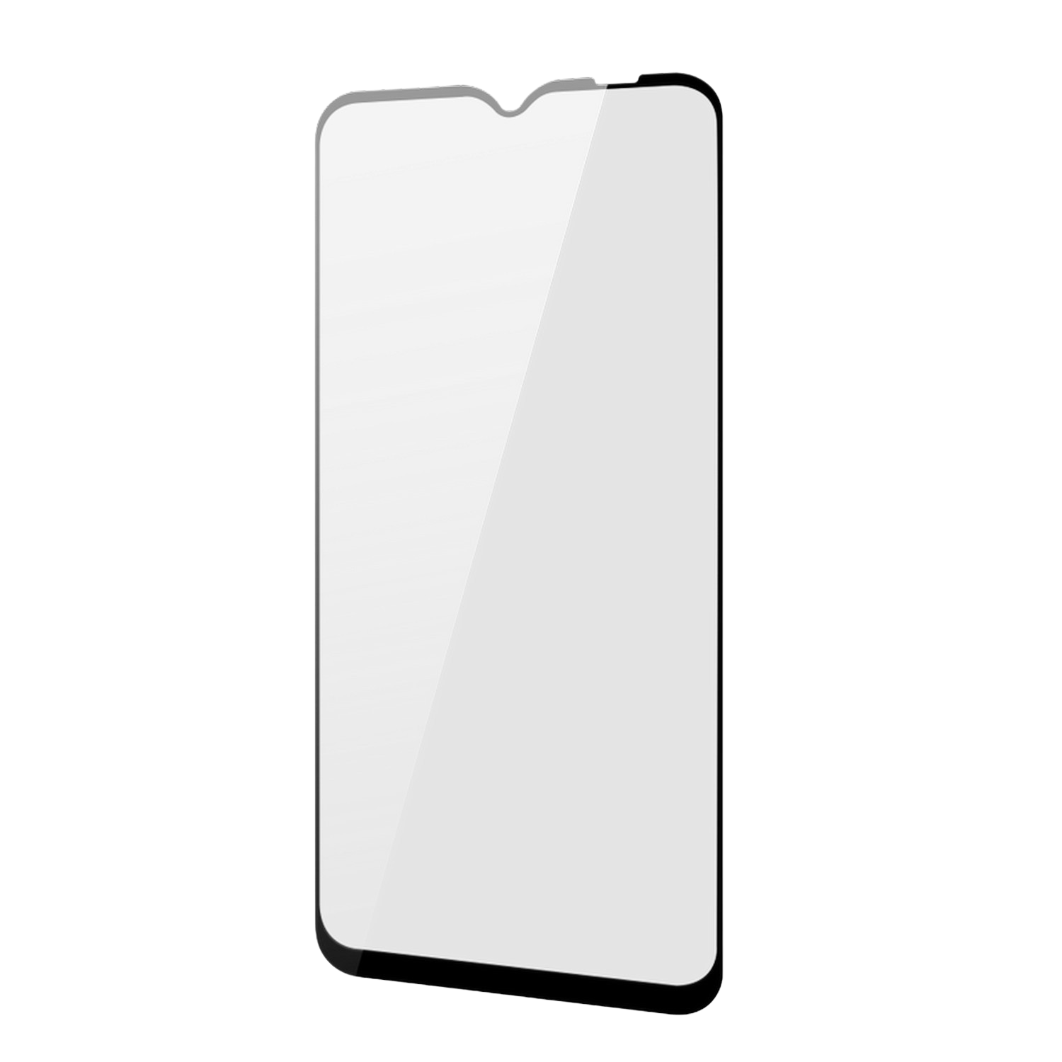 Een heldere schermbeschermer voor een telefoon. Het is rechthoekig met afgeronde hoeken en een inkeping bovenaan.