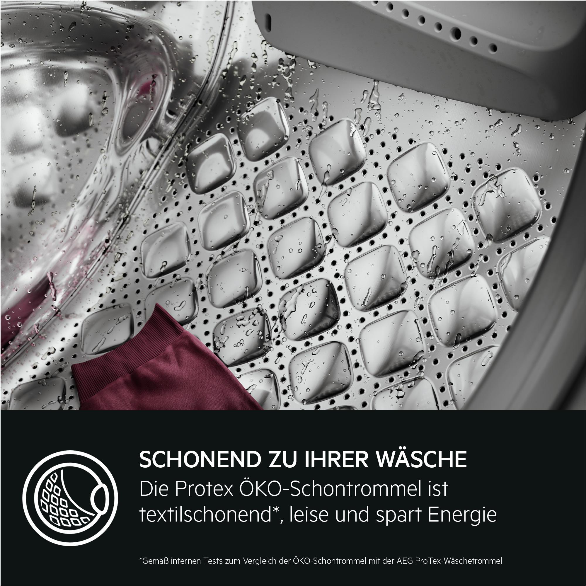 Im Inneren einer Waschmaschinentrommel. Ein rotes Kleidungsstück ist sichtbar, zusammen mit Wassertropfen auf Metall.