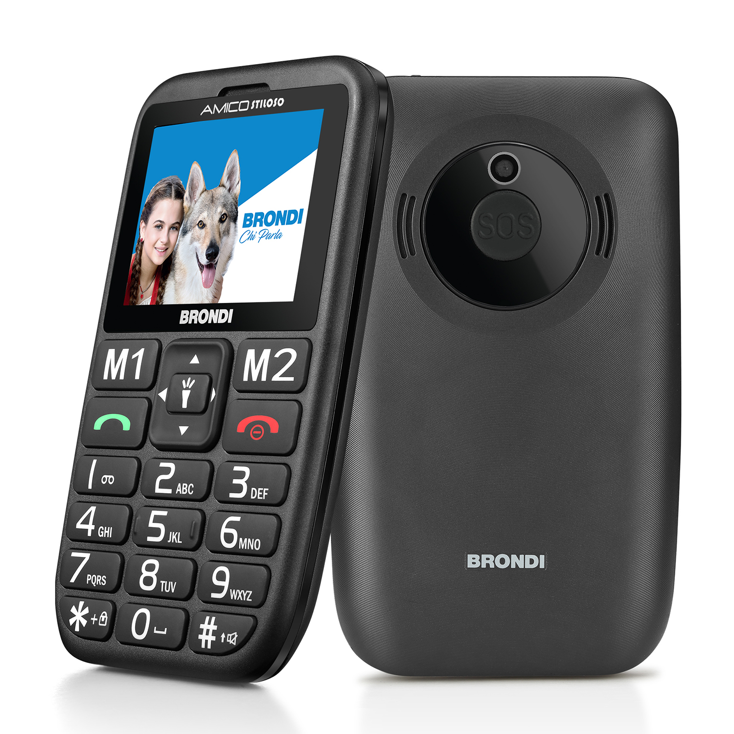 Cellulare nero per anziani con tasti grandi e una foto sullo schermo.