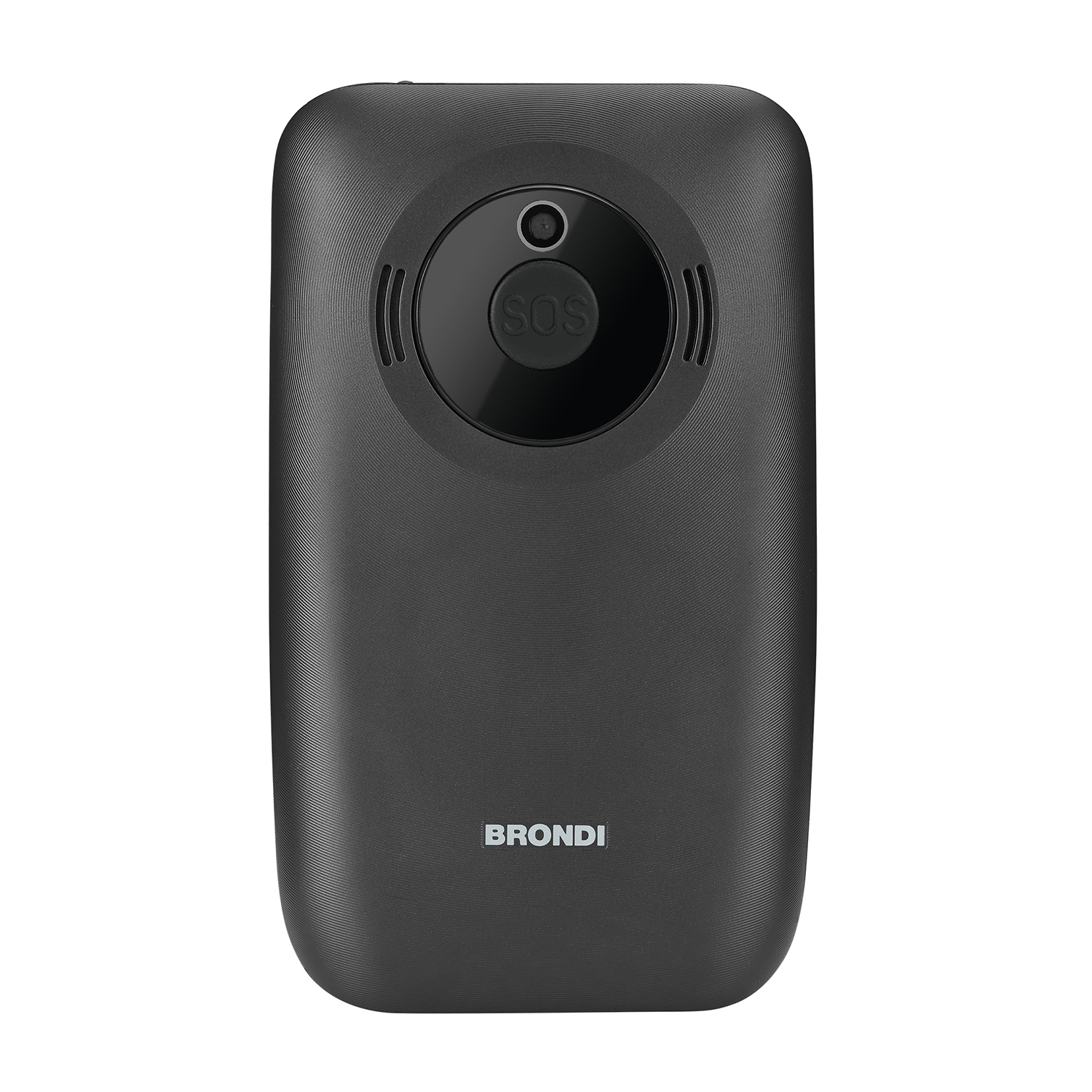 Telefono nero con fotocamera rotonda e pulsante SOS. Testo: BRONDI.