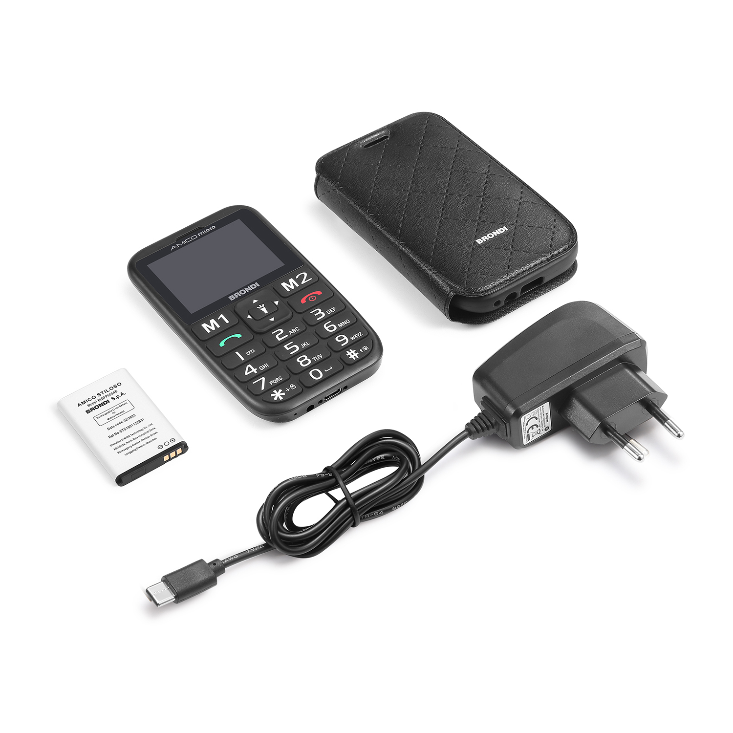 Telefono cellulare nero con accessori: custodia, batteria e caricabatterie. Sfondo bianco.