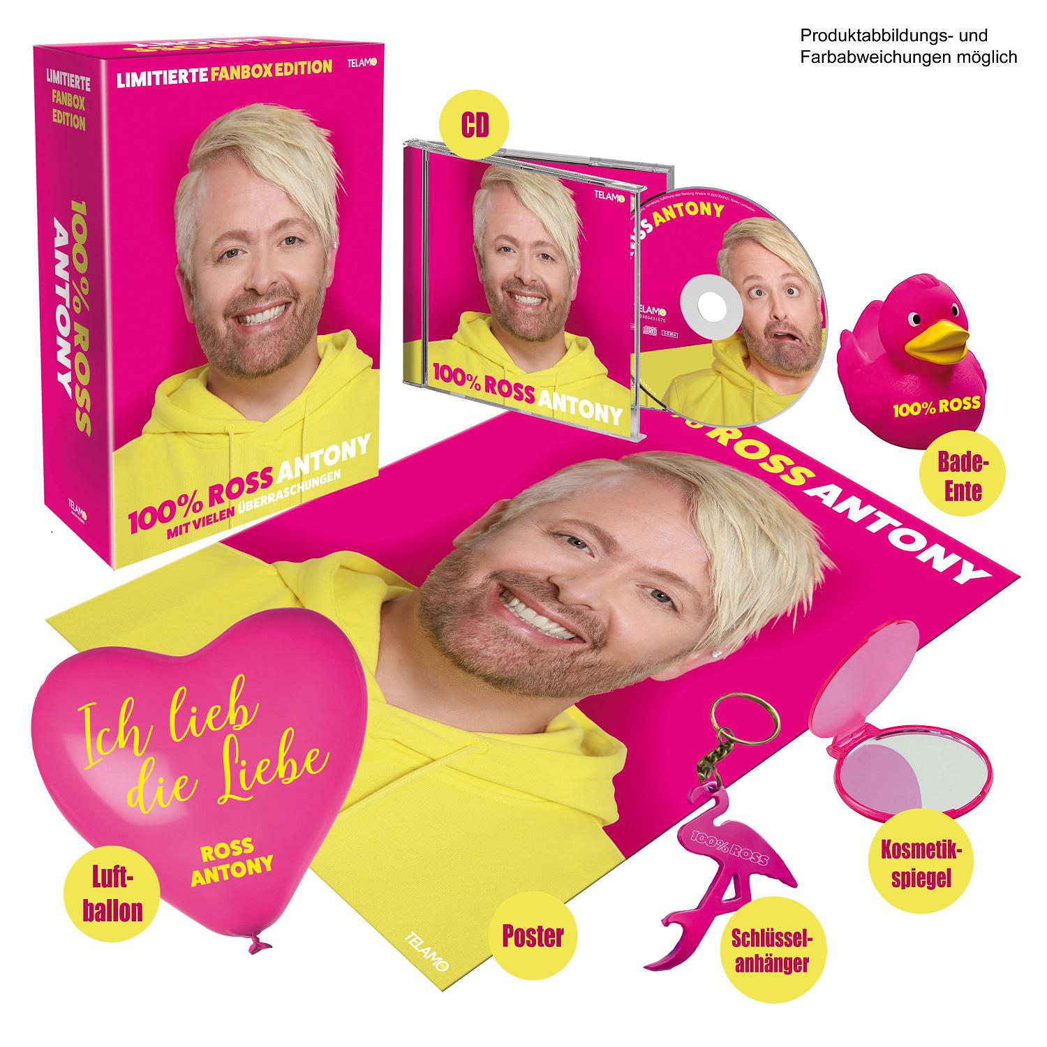 Eine Sammlung von Ross Antony-Artikeln: Box, CDs, Ballon, Gummiente, Poster, Schlüsselanhänger, Spiegel.