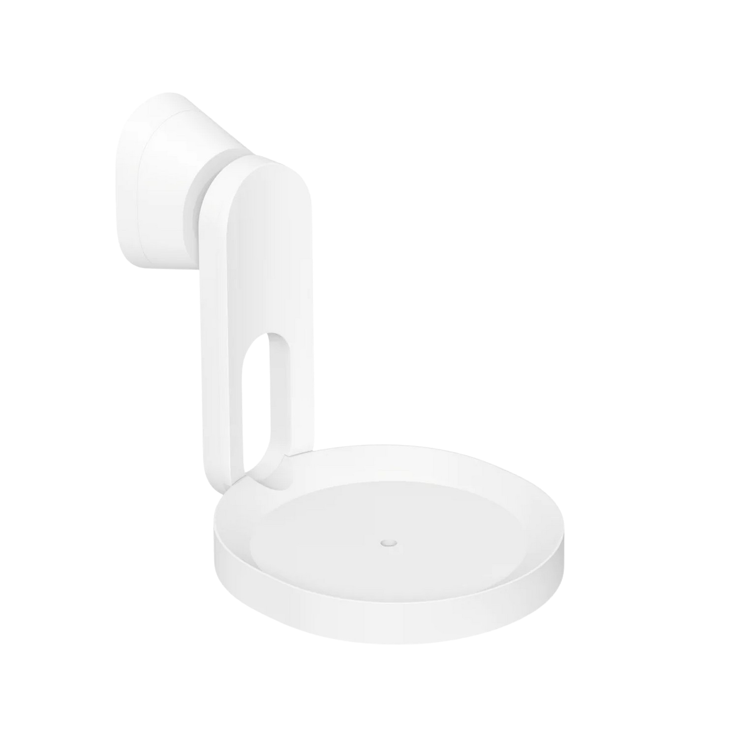 White wall mount, with a round base and a curved arm.