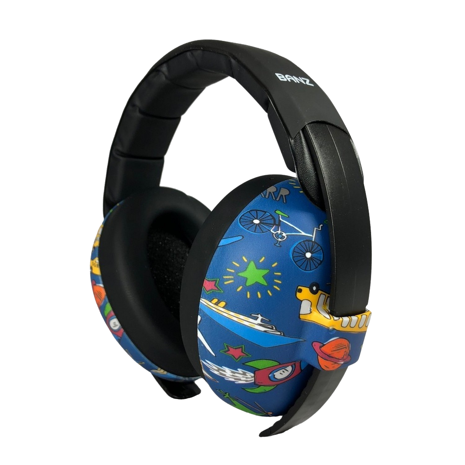 Cache-oreilles bleus pour enfants avec motifs de transport. Bandeau noir, écouteurs avec voitures, bateaux et étoiles.