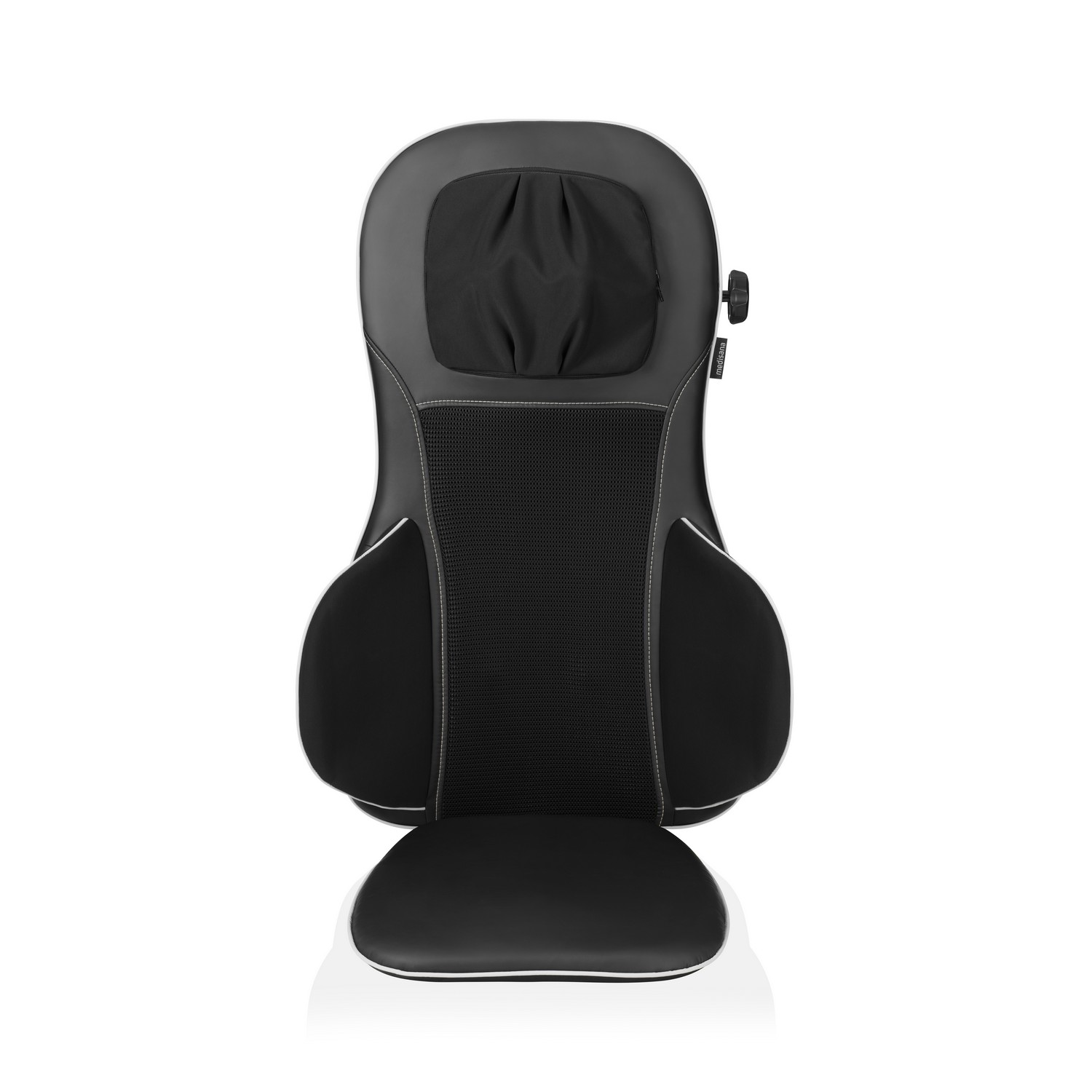Black and gray massage chair seat.  Contours for back and shoulders. White stitching and trim.