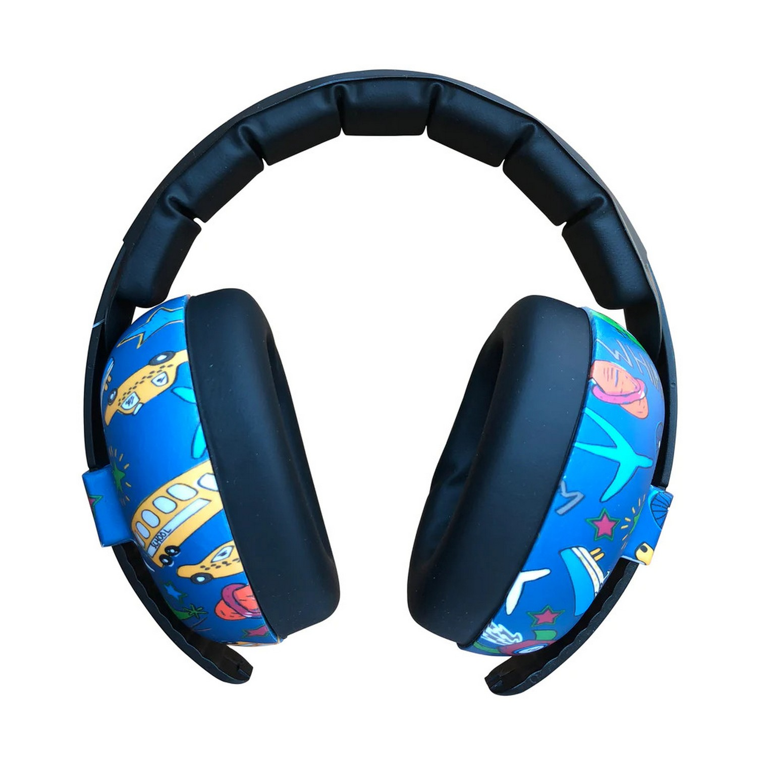 Cache-oreilles bleus et noirs pour enfants avec des illustrations colorées de véhicules et d'étoiles.