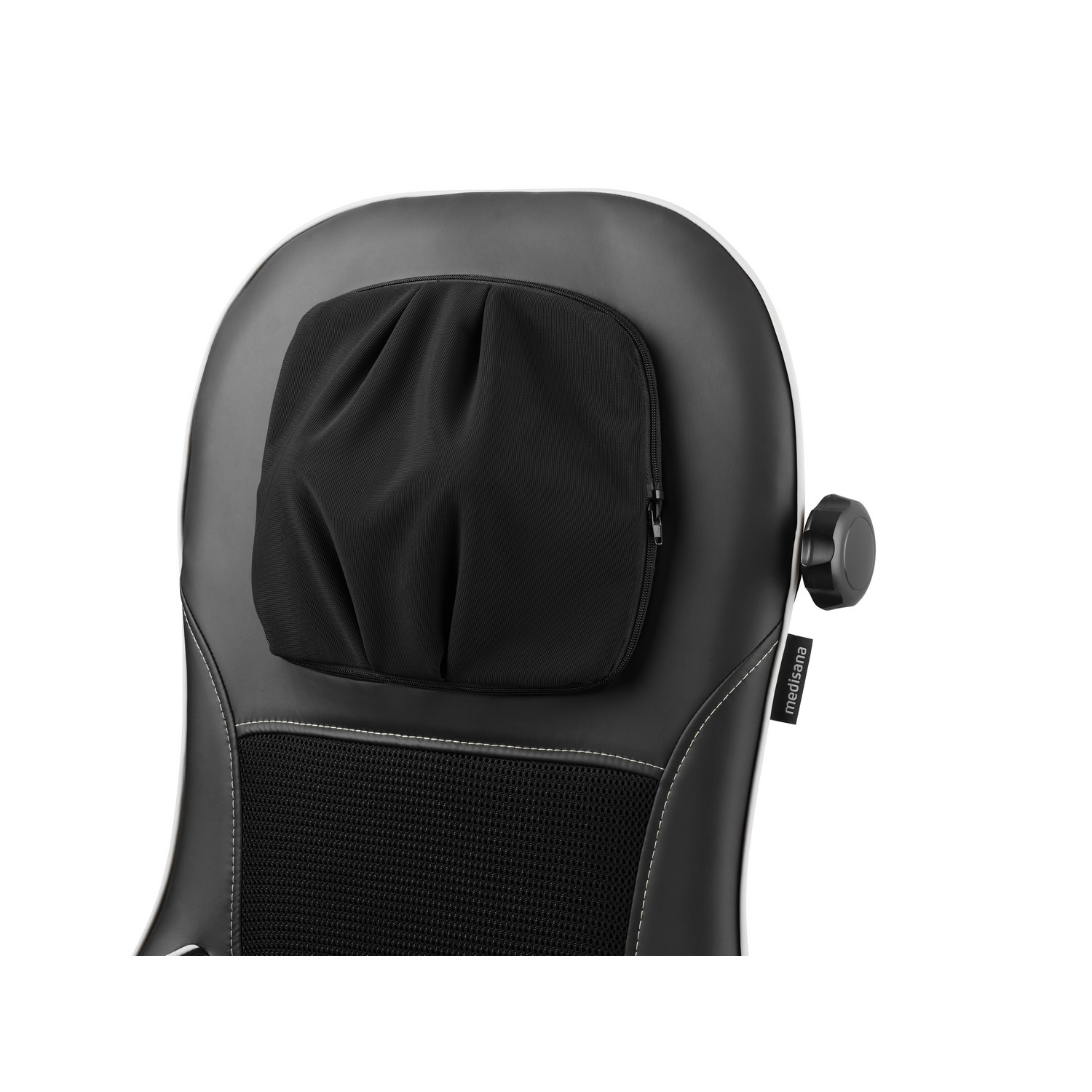 Black and white massage chair headrest with a black cushion and white stitching.
