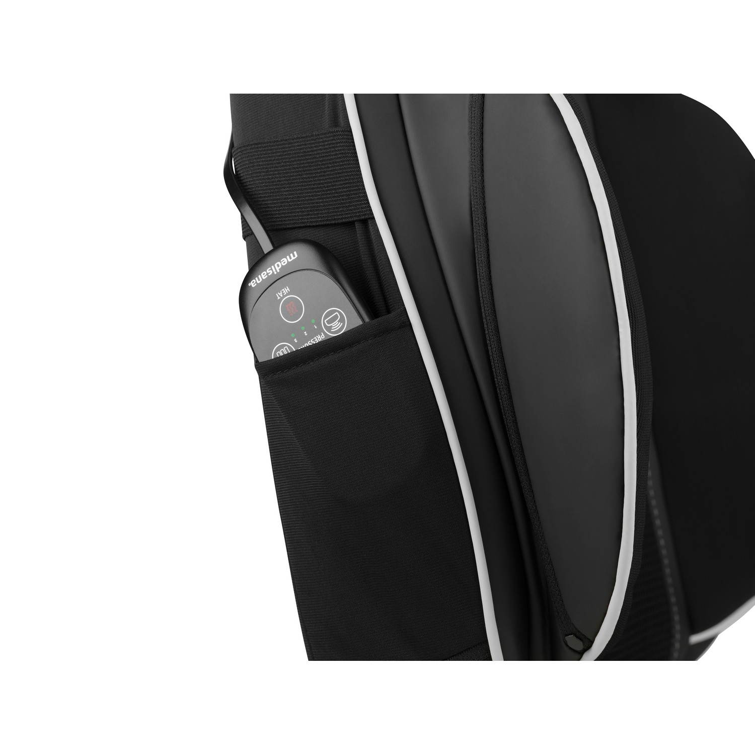 Back view of a black TV with a stand, on a white background.