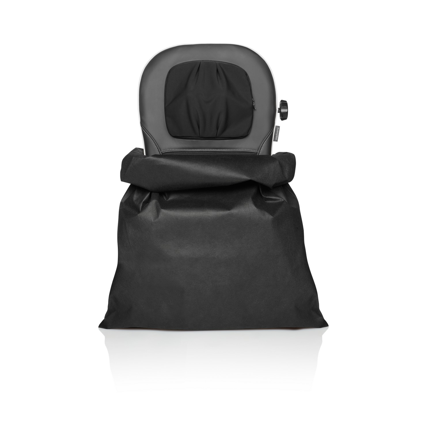 Black chair with headrest and a black bag. The chair is white and gray.
