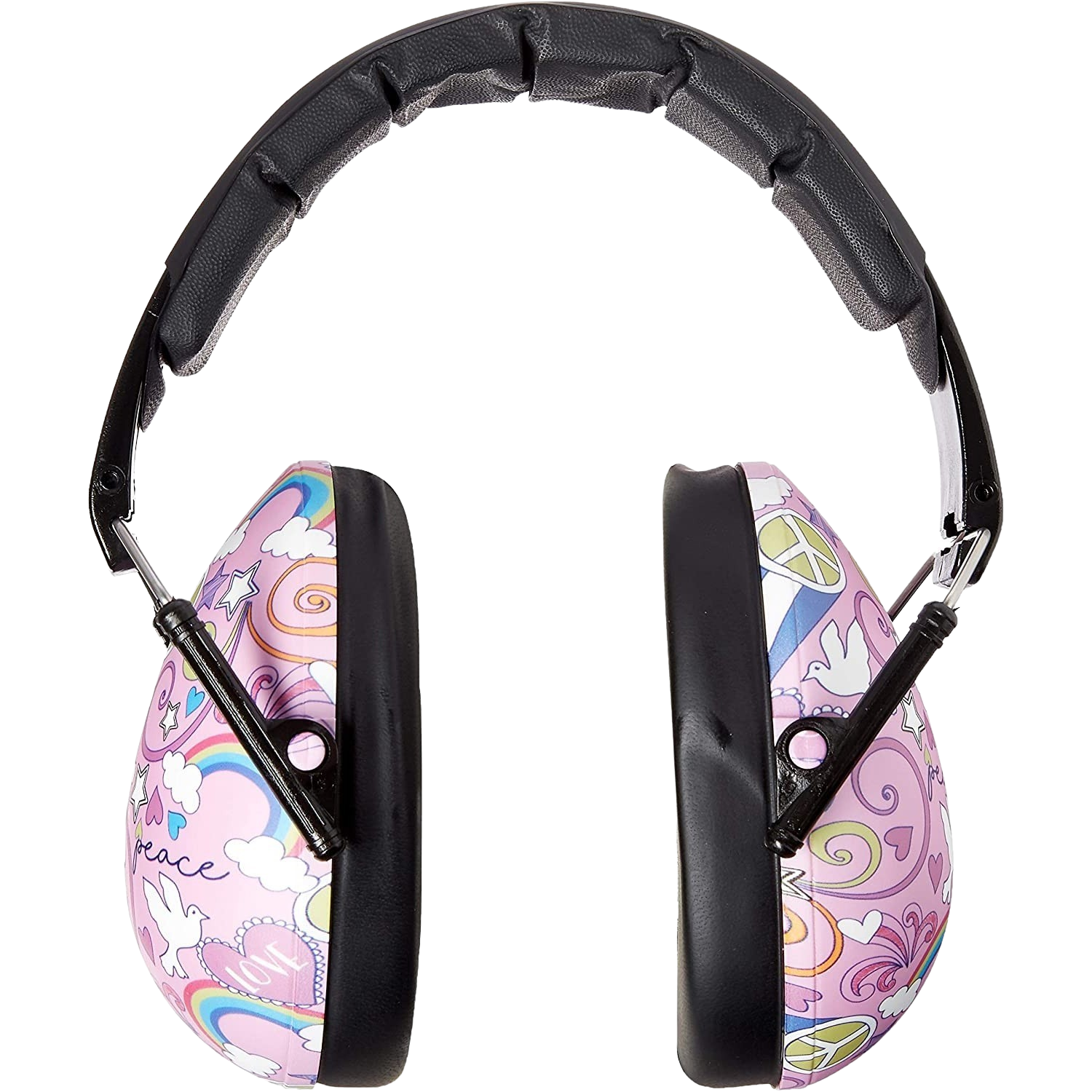 Casque rose et blanc. Ils ont un motif arc-en-ciel et paix.
