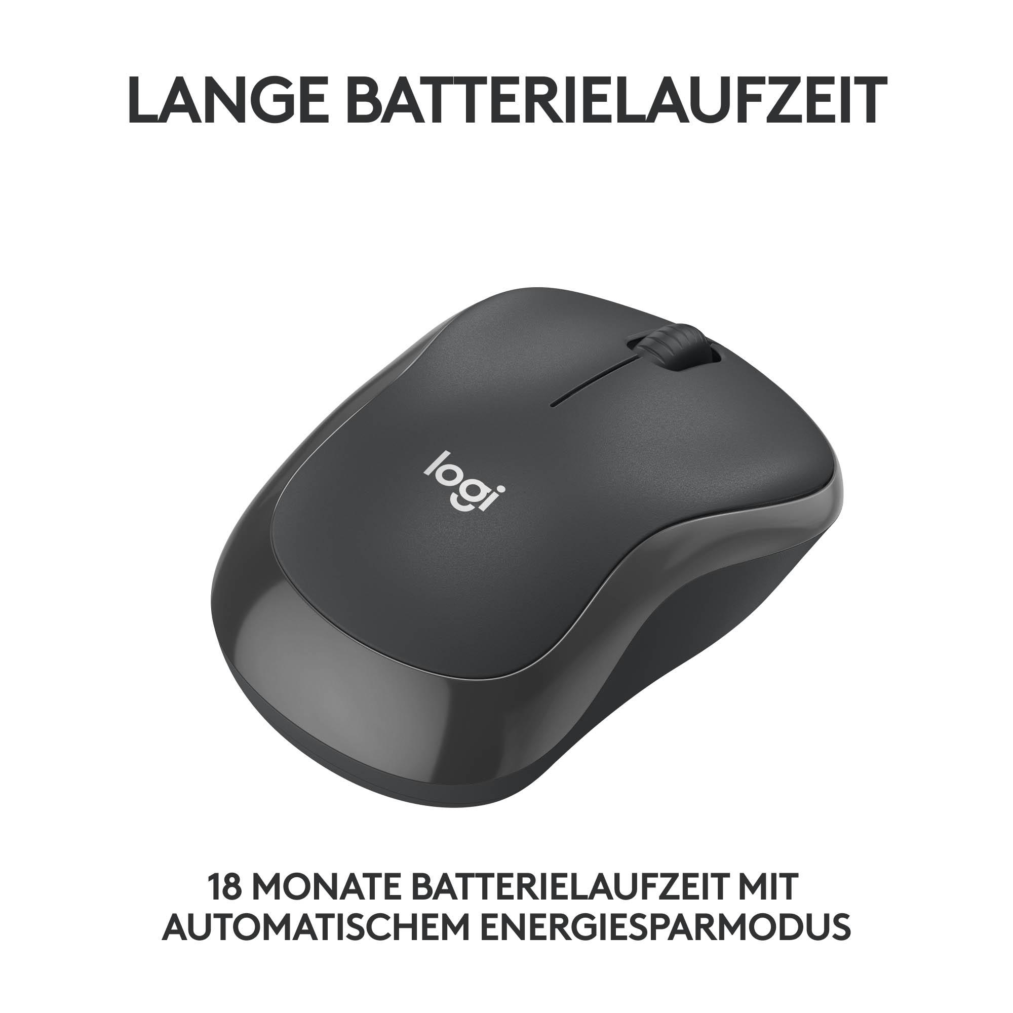 Eine schwarze Logitech-Maus mit der Aufschrift „logi“ und „18 MONATE BATTERIELAUFZEIT“.