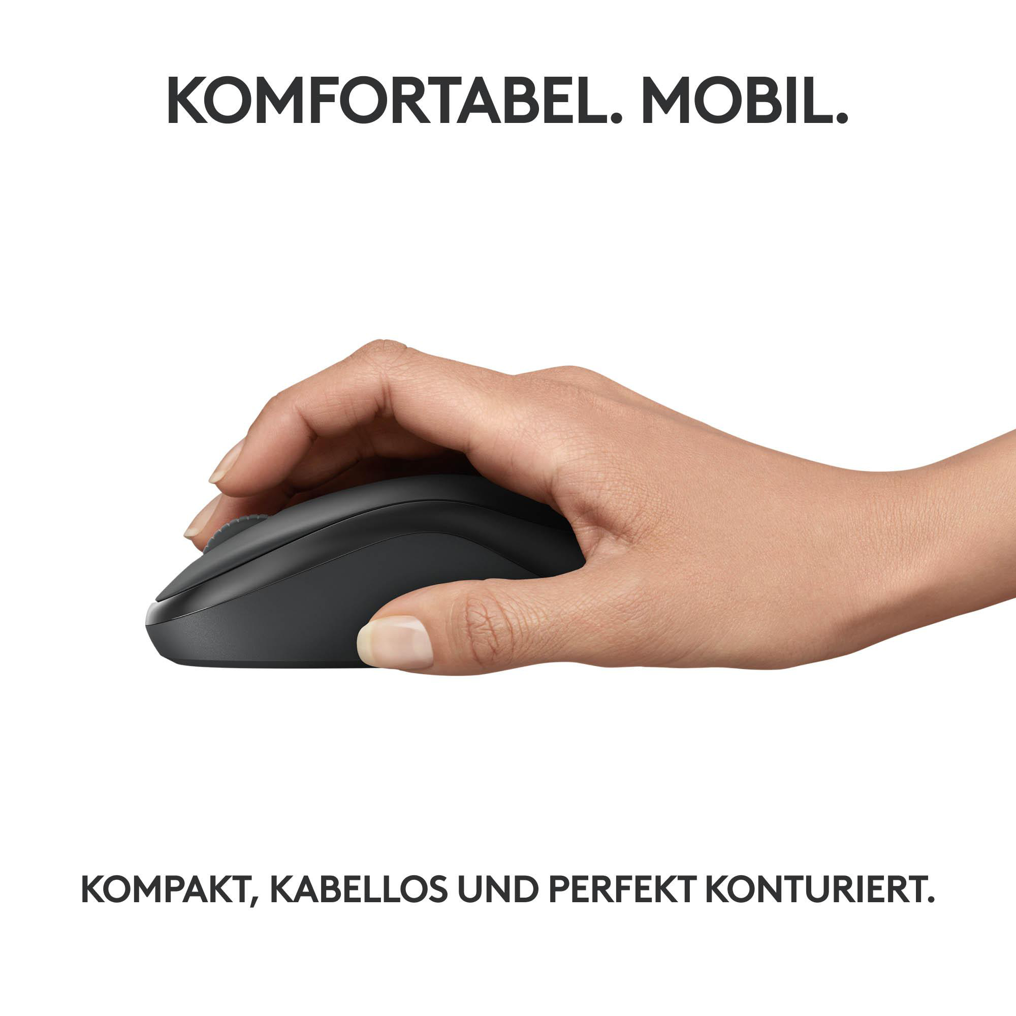 Hand hält graue kabellose Maus. Text sagt 'komfortabel. mobil.'