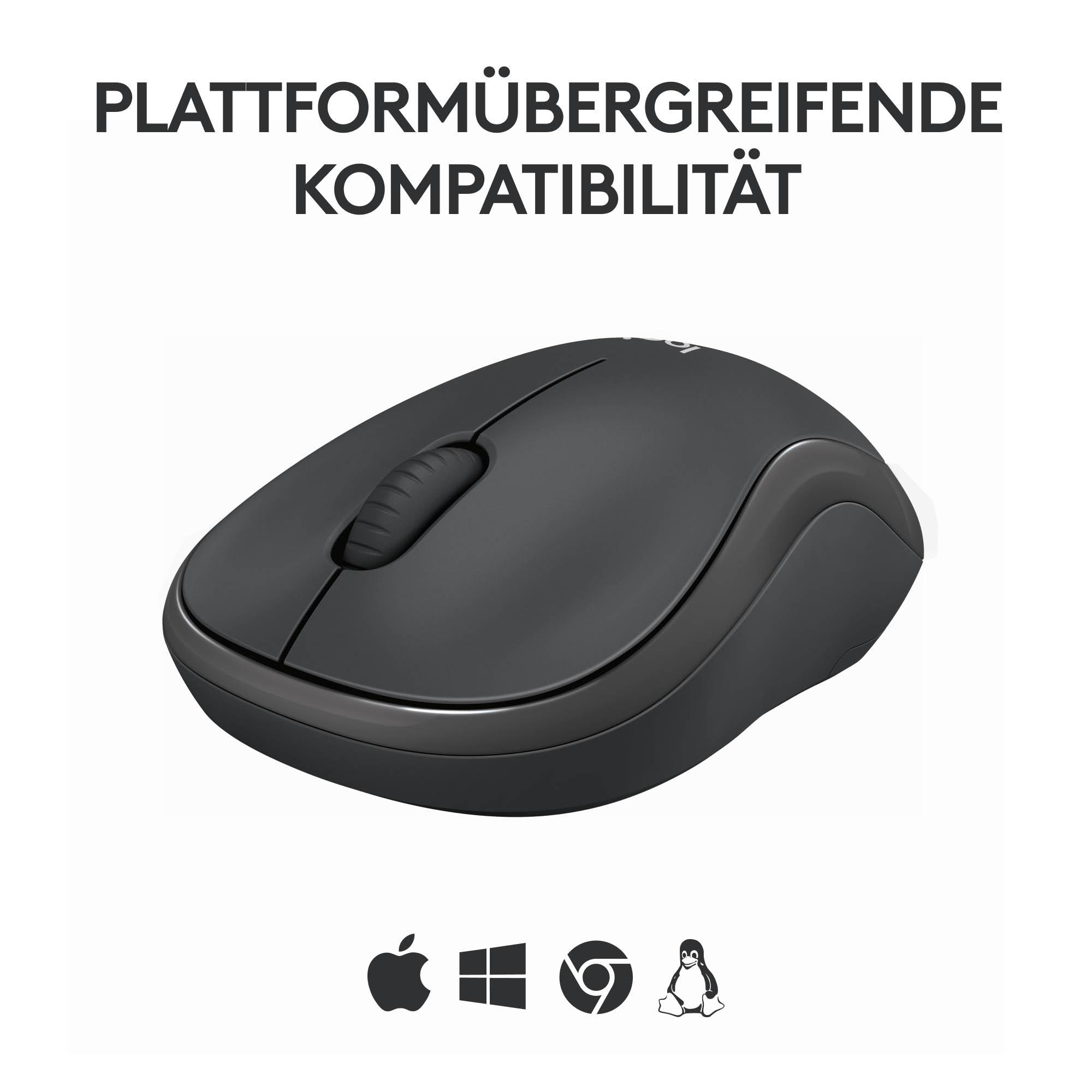 Schwarze kabellose Maus mit Scrollrad und dem Text "PLATFORMÜBERGREIFENDE KOMPATIBILITÄT".