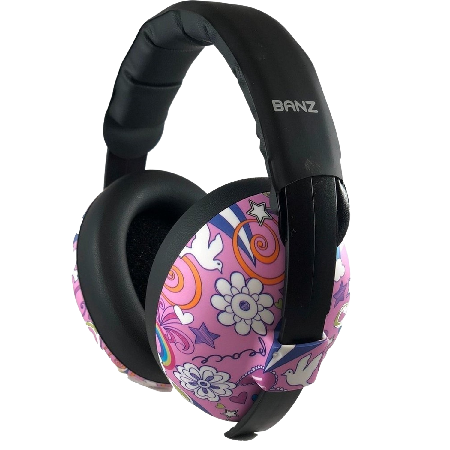 Casque pour enfants avec un motif coloré. Ils ont des écouteurs noirs et un bandeau noir.
