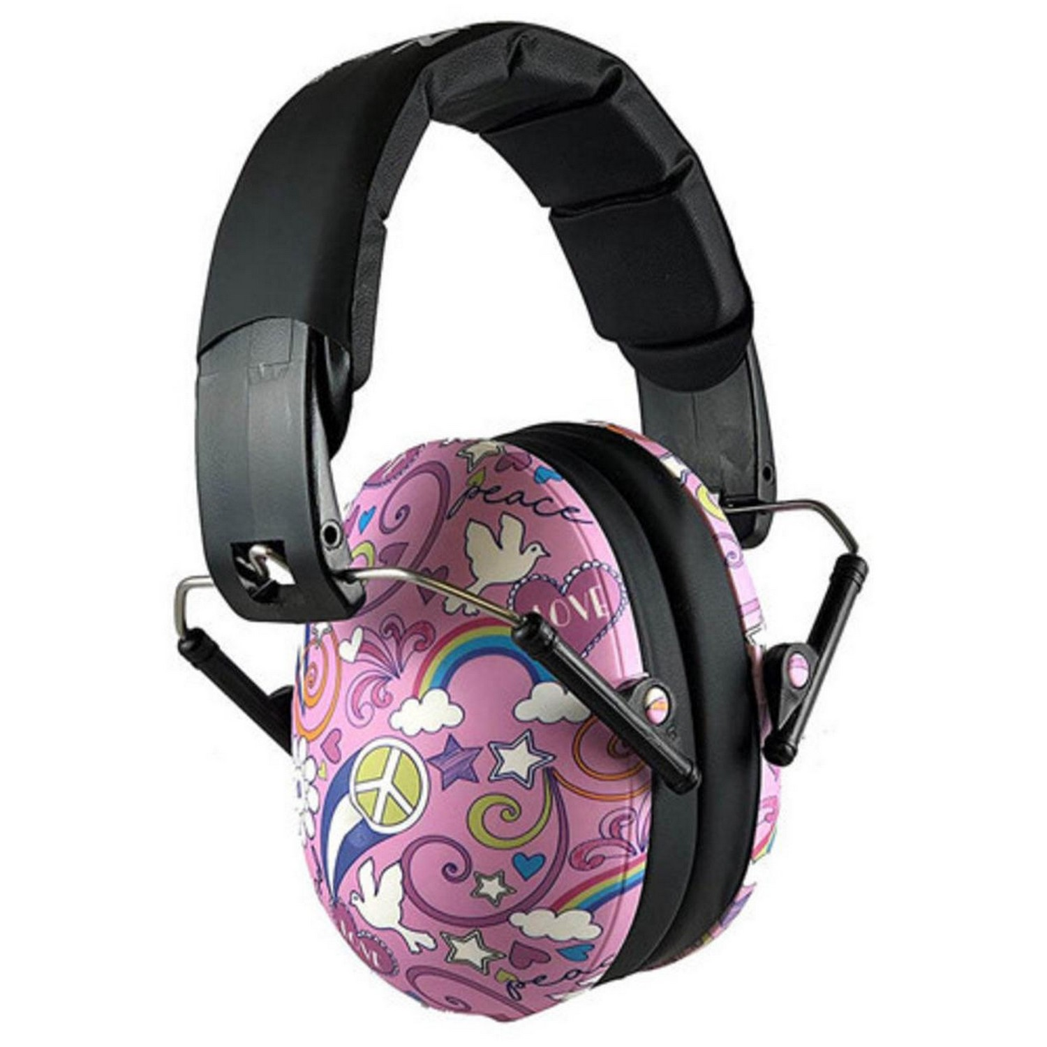 Cache-oreilles roses avec symboles de paix et arcs-en-ciel. Bandeau noir. Fond blanc.
