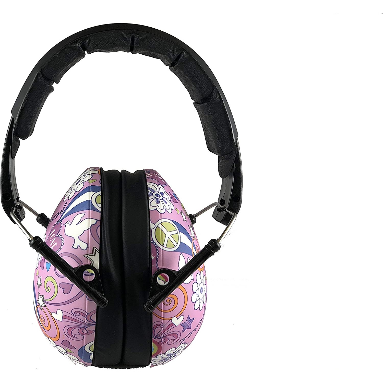 Casque rose avec motifs floraux et peace and love. Bandeau et oreillettes noirs.