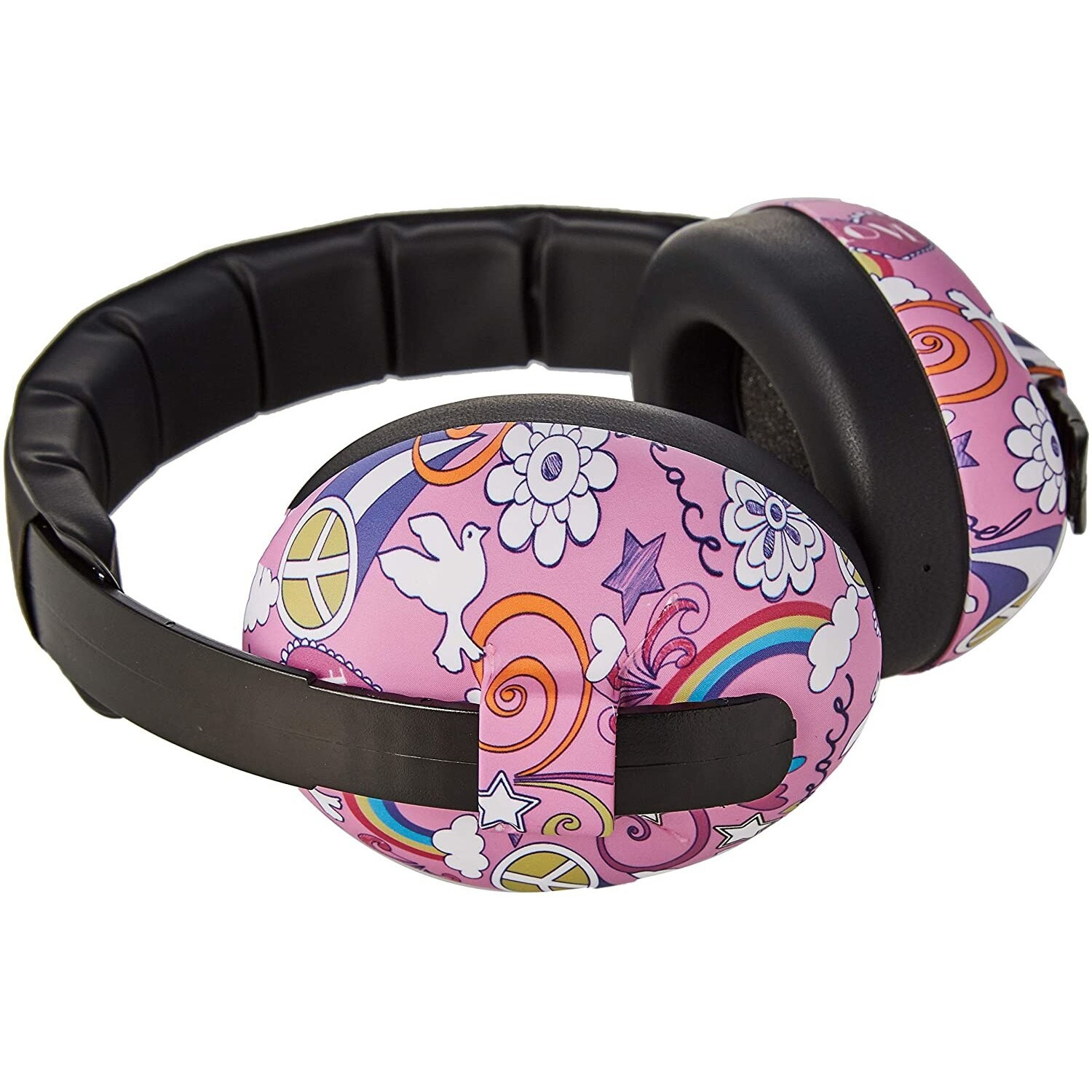 Casque anti-bruit rose pour enfants avec des motifs colorés de fleurs, arcs-en-ciel et étoiles.