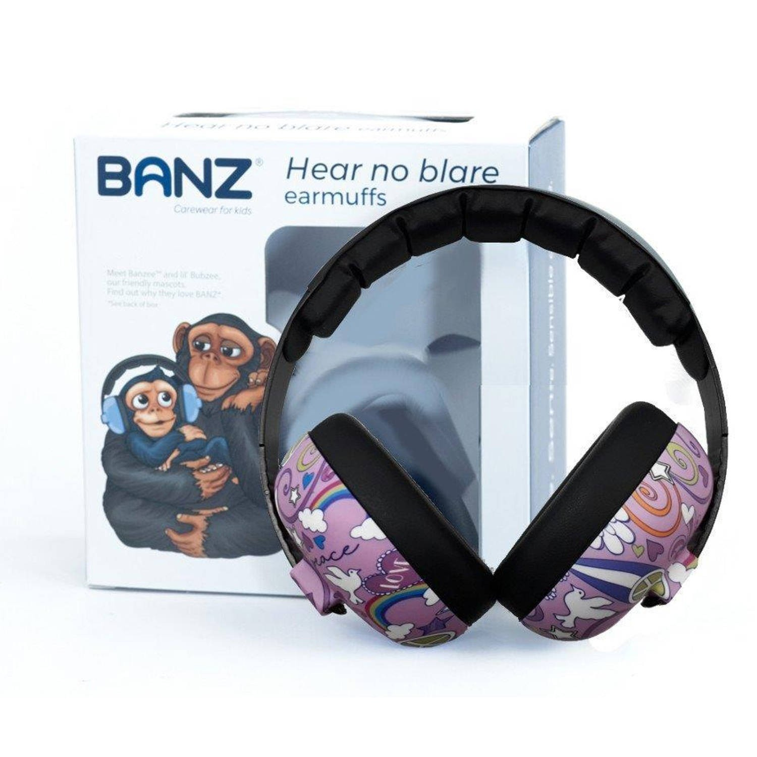 Cache-oreilles Banz pour enfants. Rose avec des motifs colorés, à côté d'une boîte montrant des singes.