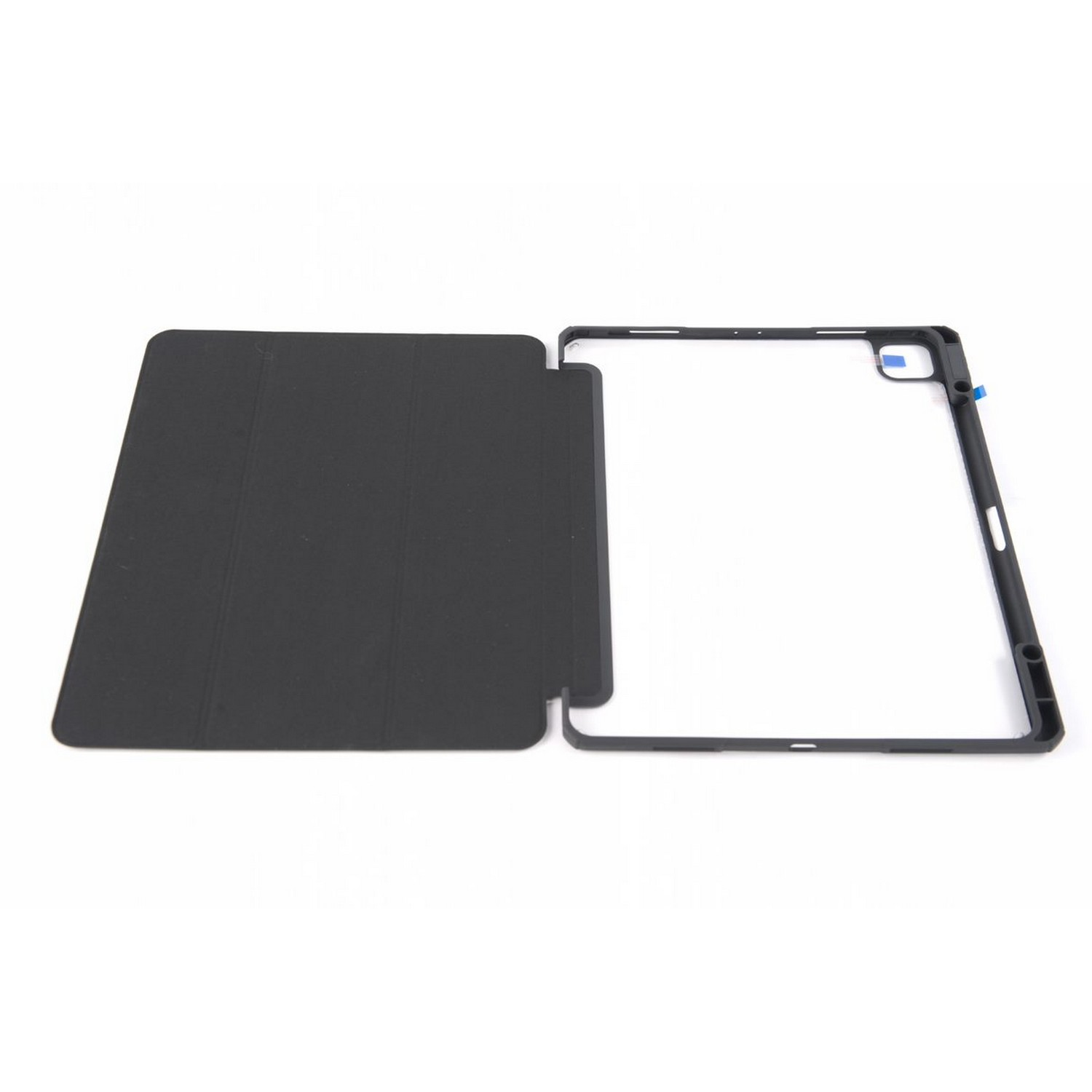 Black tablet case and frame on white background.