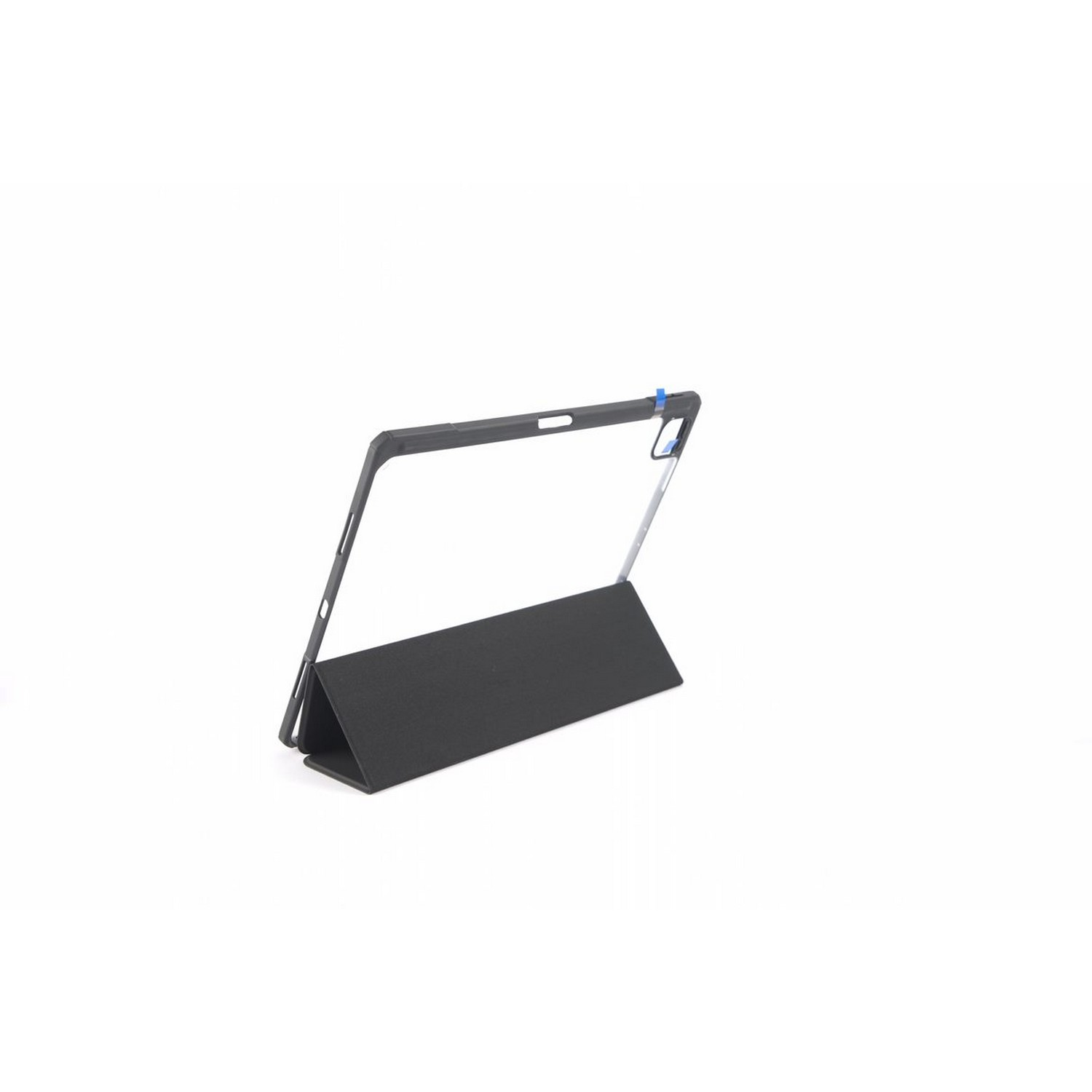 Black tablet case, open and angled, on a white surface.