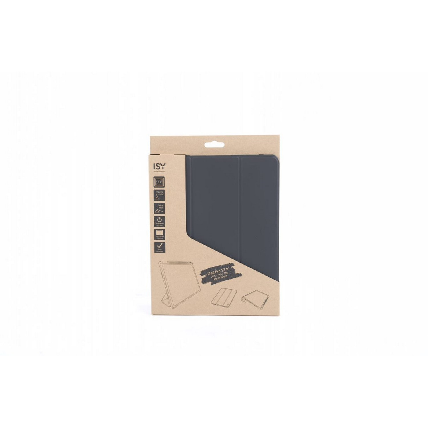 A tablet case in a box. The case is dark gray. The box is cardboard colored.
