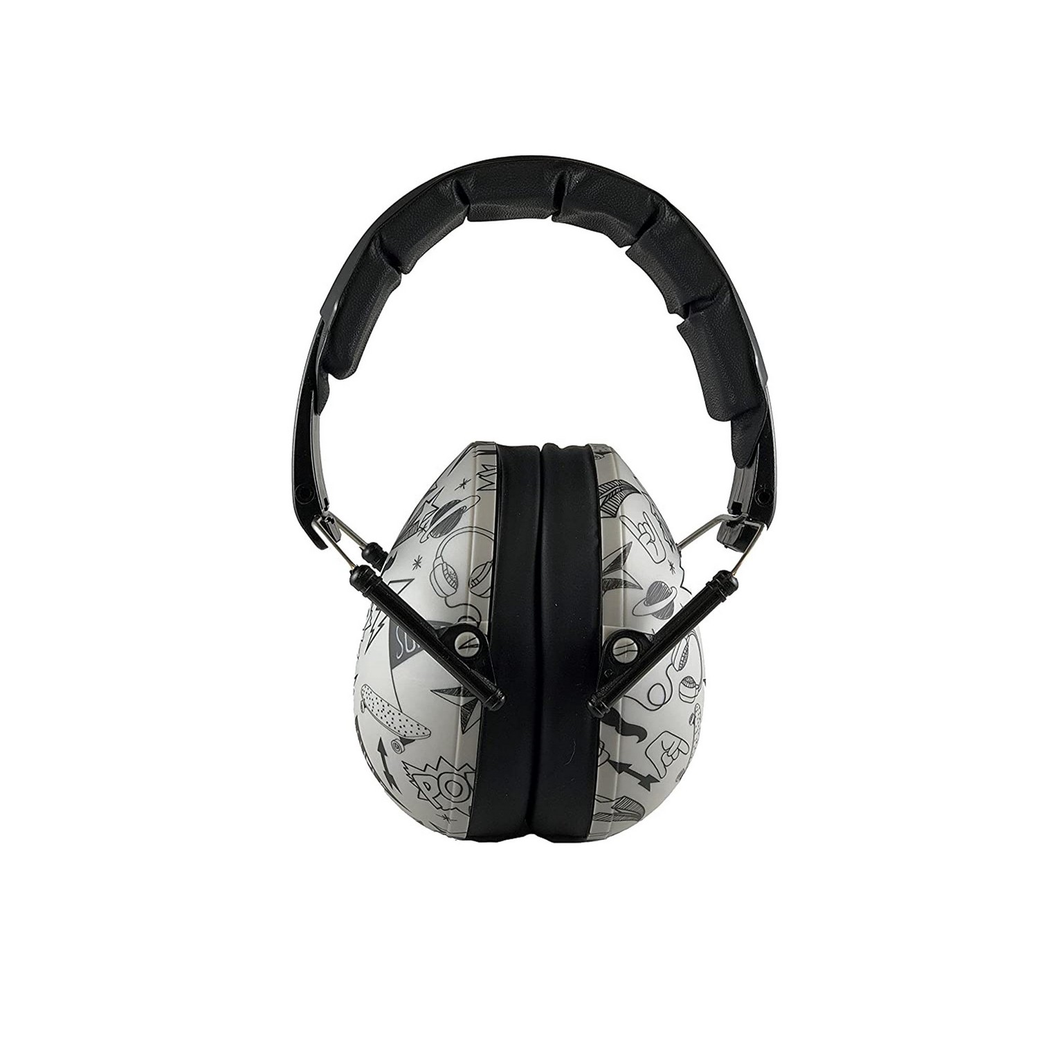 White and black child's ear protection headphones, front view.