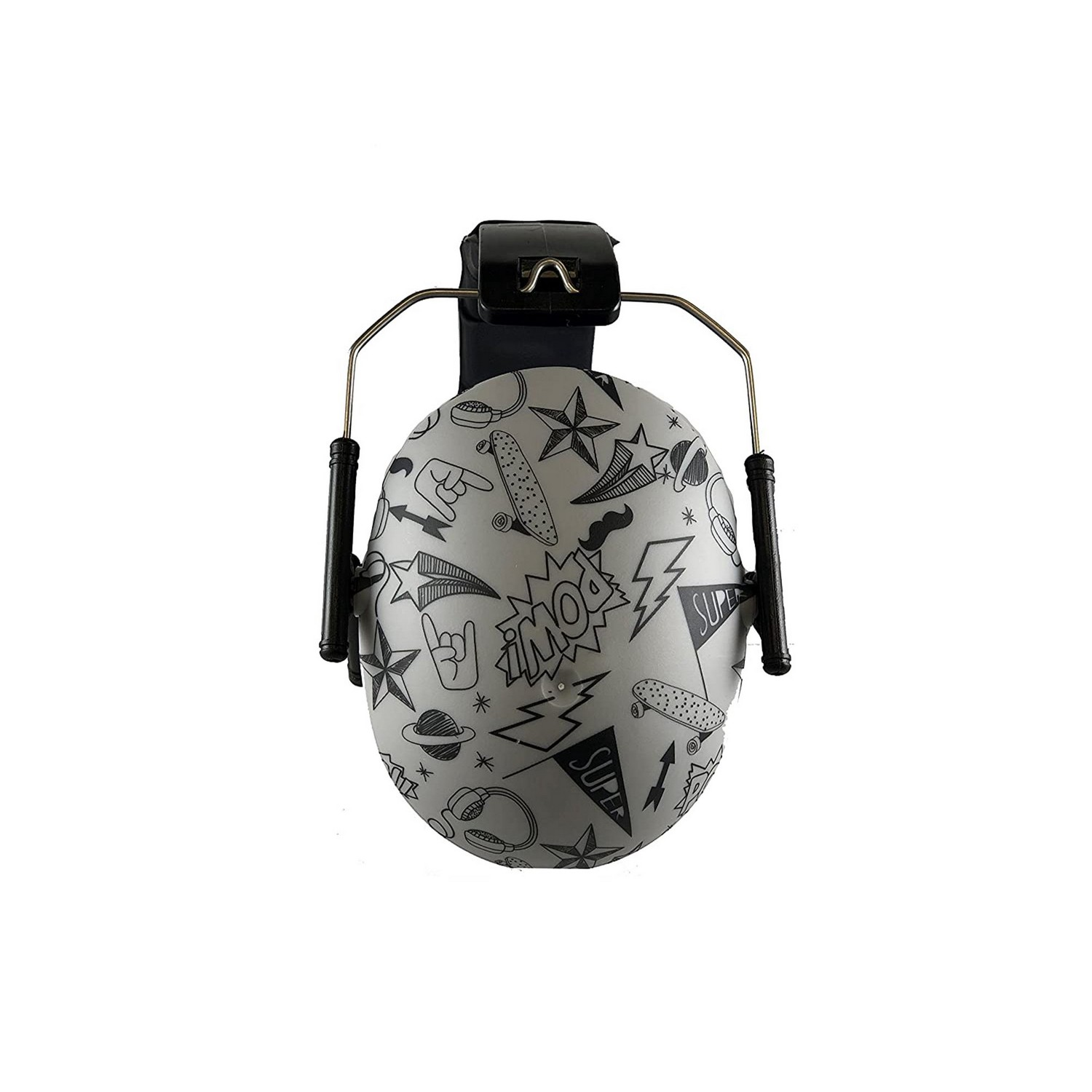 Gray earmuffs with cartoon graphics, black headband, and arms, white background.